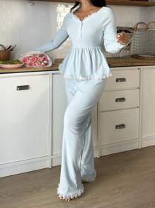 Snug Zone Women Lace Patchwork Button Front Long Sleeve Top & Pants Sleepwear Pajama Set, Fall Winter Clothes - Baby Blue - View 4