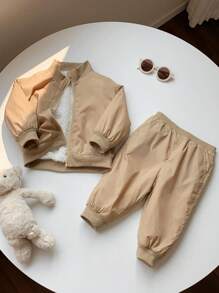 SHEIN 2pcs Baby Unisex Casual All-Match Long Sleeve Cardigan Jacket And Elastic Waist Thickened Fleece Pants Set