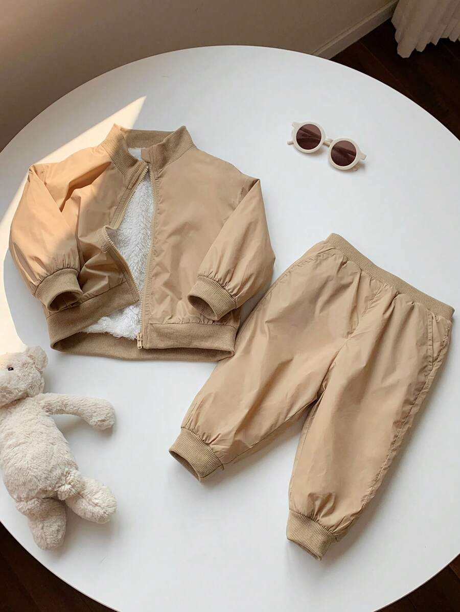 SHEIN 2pcs Baby Unisex Casual All-Match Long Sleeve Cardigan Jacket And Elastic Waist Thickened Fleece Pants Set