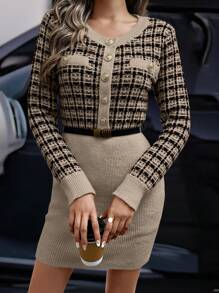 SHEIN Clasi Women's Autumn/Winter Casual Everyday Elegant Patchwork Plaid Bodycon Knitted Sweater Dress - Khaki - View 3