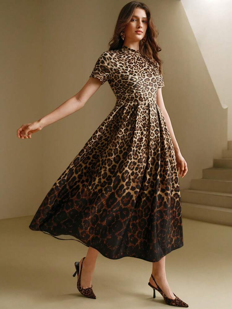 Euro/American Spring/Autumn New Leopard Gradient Print Stand Collar A-Line Short Sleeve Bodycon Waist Slim Fit Dress Maxi Women Outfit
