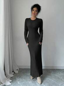 Rafferiza Women Solid Round Neck Long Sleeve Minimalist Casual Knit Sweater Dress Fall Winter Cloth For Women - Black - View 3