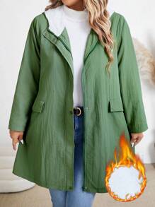 Plus Size Casual Daily Zip-Up Hooded Jacket With Pockets, Thermal Lined Warm, Autumn/Winter Fall Cloth For Women - Green - View 4