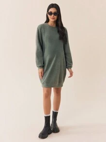 SHEIN Maternity Loose Crew Neck Drop Shoulder Solid Color Long Sleeve Sweatshirt, Autumn Fall Winter - Green - View 6