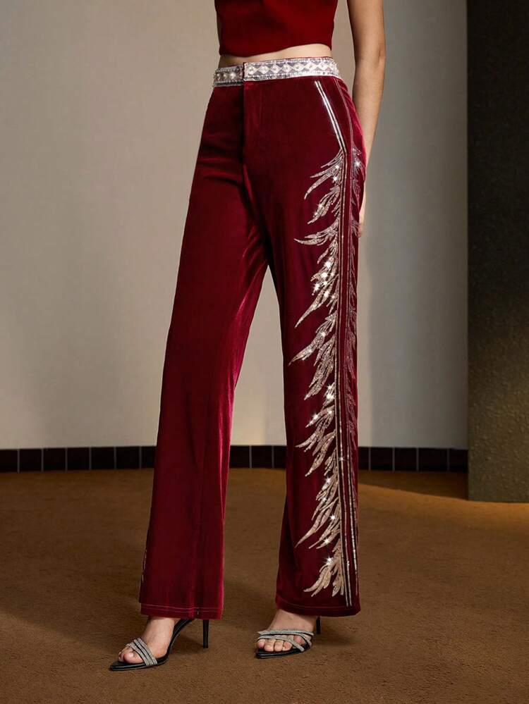 VELVET SEQUIN AND FAUX PEARL TAPE WAIST FLARE LEG PANTS