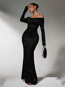 SHEIN SXY Shiny Party Luminous Black Dress Women's One Shoulder Sexy Fishtail Long Dress'fall Women Clothes;Black Skirt;Holiday Party Dress;New Year Eve Dress;New Years Women Outfit - Black - View 3