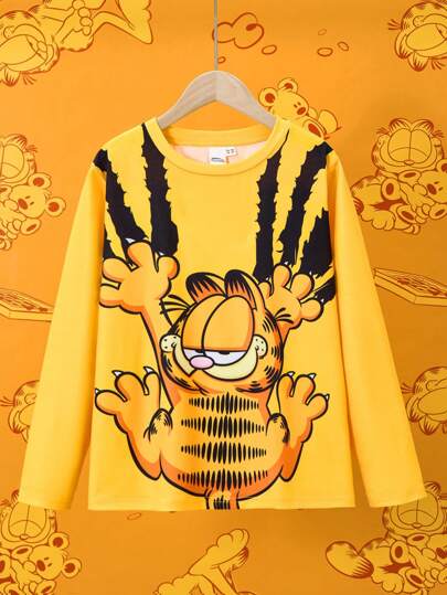 GARFIELD | SHEIN Tween Boy Scratch Cartoon Print Graphic Round Neck Long Sleeve T-Shirt