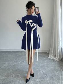 Elenzga 女士蝴蝶结腰毛衣裙 - 藏蓝色 - 查看 1