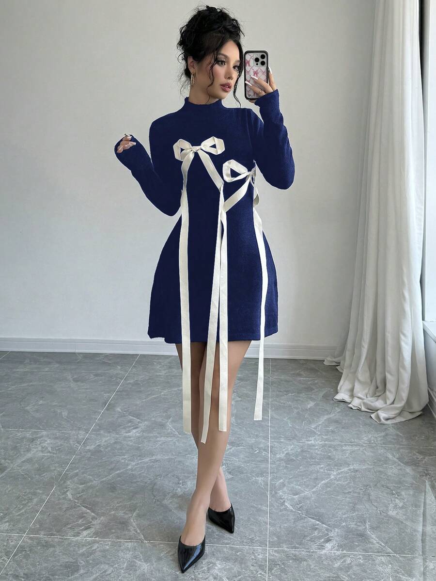 Elenzga 女士蝴蝶结腰毛衣裙 - 藏蓝色 - 查看 1