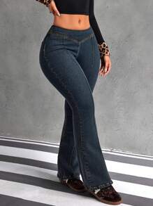 SHEIN ICON Women's Casual Fashion Flared Jeans, Suitable For Spring And Autumn Outings - Blue - View 5