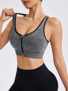 Basic Zipper Cross Racerback Seamless Sports Bra - Grey - View 9