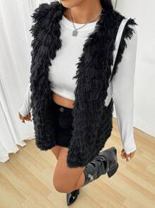 SHEIN EZwear Plus Size Women Fluffy Coat, Black Furry Jacket For Fall