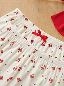 3 stuks/set Floral Lace Slip Top & Shorts & Extra-Long Pants Pyjama Set voor meisjes, Vintage Stijl