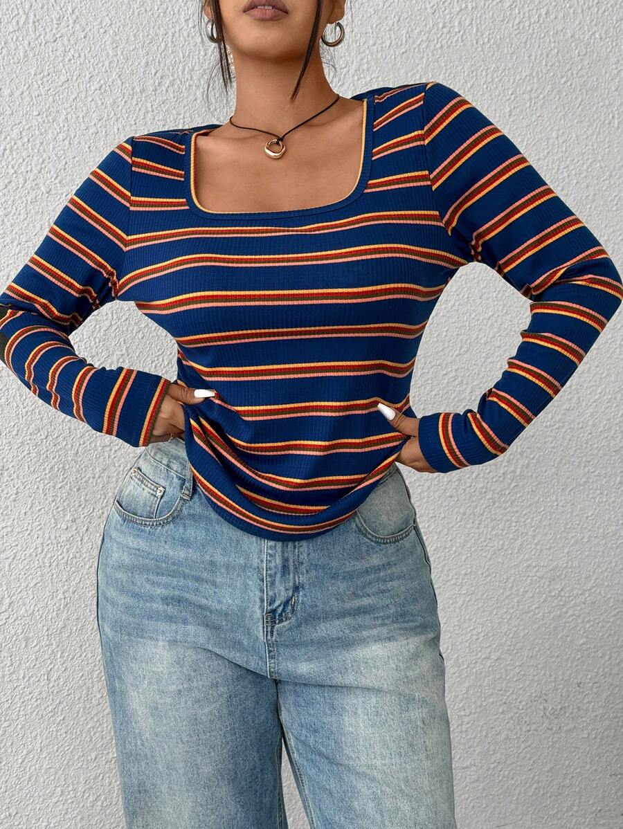 SHEIN EZwear Plus Size Autumn Casual Colorblock Striped Fitted Long Sleeve T-Shirt - Multicolor - View 1