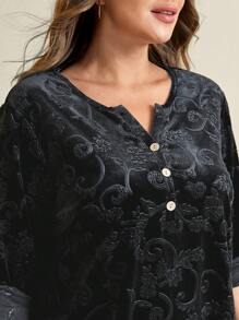 EMERY ROSE Plus Size Front Button Mid-Length Sleeve Minimalist Casual Shirt - Black - View 6
