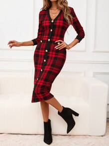 SHEIN LUNE 圣诞红色格子修身中长连衣裙，配撞色饰边，冬季圣诞连衣裙女士圣诞连衣裙圣诞服装圣诞派对连衣裙女士连衣裙新年 - 紅色 - 查看 4