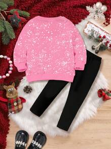 SHEIN 圣诞快乐明亮年轻女孩休闲圆领长袖运动衫和紧身裤 2 件套服装，适合秋冬季 - 彩色 - 查看 3