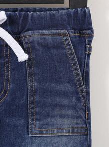 SHEIN Young Boys 2pcs/Set Blue Street Cool Distressed Ripped Frayed Long Sleeve Denim Jacket And Elastic Waistband Cargo Pocket Slim Fit Jeans Set,Casual And Versatile For Young Boys Fall/Winter Daily Wear Clothes Denim Set For Kidsdenim Young Boys Sets - Dark Wash - View 7