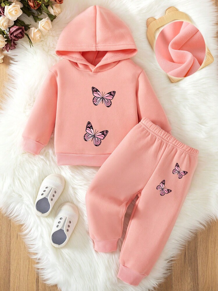 女婴可爱蝴蝶印花羊毛连帽衫运动衫和裤子 2 件套服装，休闲时尚秋冬套装女婴连帽衫套装女婴运动服 - 粉色 - 查看 3