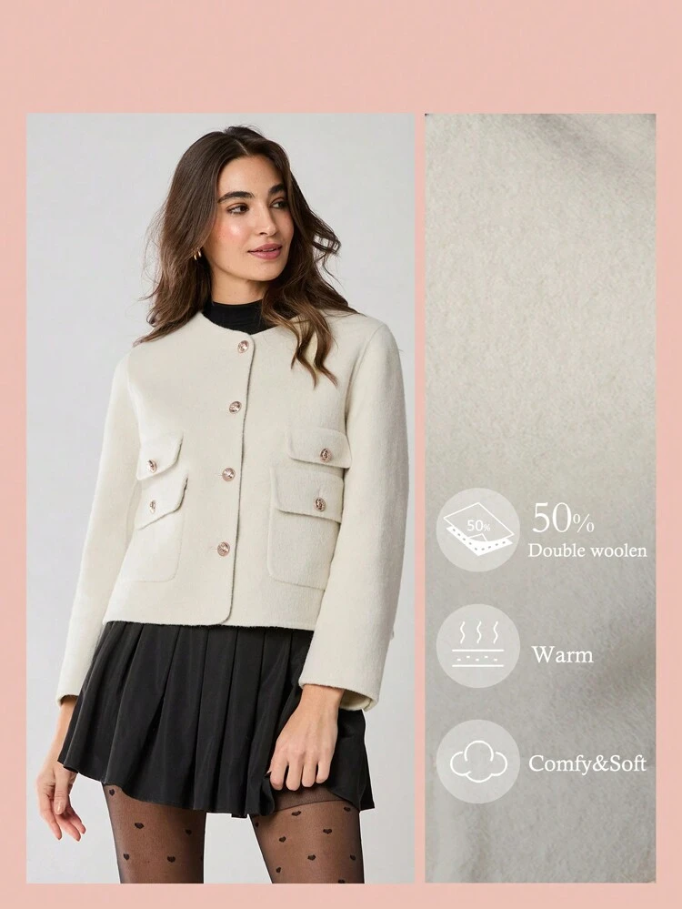 New Autumn Winter Products, Women's Autumn & Winter Solid Color Pocket Decoration Single Breasted Long Sleeve  Elegant Double-Sided   Blend  Coat, Fall Winter Women's Clothing, Fall Women Outfits, Cold Weather Clothes, Winter Clothes, Christmas Women Clothes