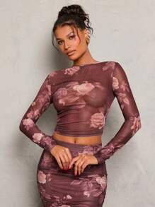 Glamine 日常派对复古性感船领褶皱修身网眼透明长袖女式衬衫 - 棕色 - 查看 6