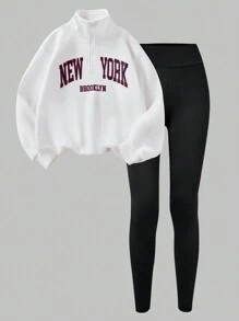 SHEIN Set de 2 piezas para niñas preadolescentes que incluye sudadera con cuello alto con estampado de letras y gráficos forrada térmicamente, y leggings negros para deporte, para otoño/invierno