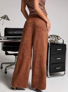 SHEIN Unity Women Solid Color High Waist Pockets Wide Leg Loose Casual Faux Suede Palazzo Pants