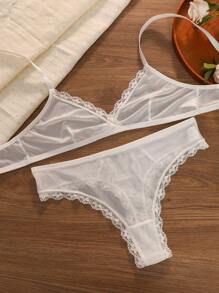 2pcs Women Lace Sheer Wireless Bra And Thong Panty Lingerie Set