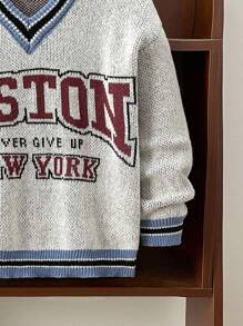 Tween Boy Casual Letter Print Color-Blocked Ribbed V-Neck Loose Sweater, Suitable For Autumn, Spring, And Winter, Ideal For Outdoor Play, School, Street Style, Party, And Casual Wear, Can Be Worn As An Undershirt Or Outerwear