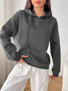 Muchica Áo hoodie hở vai họa tiết khẩu hiệu mùa xuân - Màu xám đen - Xem 5