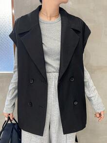 FRIFUL 女士纯色立领双排扣无袖休闲常规外套，秋季 - 黑色 - 查看 3