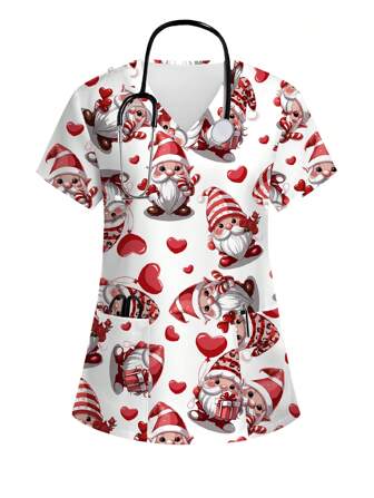 PopScrub Scrub top carino con motivo di palloncino a forma di cuore, Babbo Natale e regalo