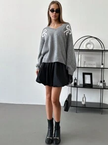 Aloruh New Christmas Green Knit Pullover Sweater With Bow Decor, Warm For Autumn/Winter - Green - View 7