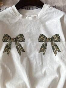 Attitoon Casual Camo Tree Branch & Bowknot Print Loose Fitting Short Sleeve Round Neck T-Shirt For Women, Suitable For Summer