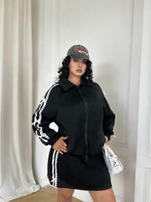 Flirla 女士休闲运动套装，蝴蝶结条纹连帽夹克和迷你裙 2 件套，春季 - 黑與白 - 查看 7