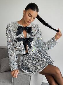 SHEIN Essnce Women's Autumn Short Sequin Bow Decorated Regular Jacket,Christmas Party,New Year Eve ,Silver Jacket,Sequin Jacket, - Silver - View 2