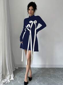 Elenzga 女士蝴蝶结腰毛衣裙 - 藏蓝色 - 查看 4