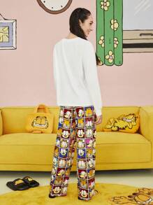 GARFIELD | SHEIN 女款白色圣诞跨年可爱卡通字母格子印花落肩宽松长袖上衣直筒裤睡衣套装冬季女睡衣套装节日秋季新年装秋装 - 白色 - 查看 2