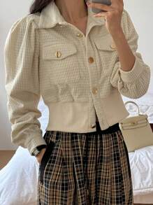 DAZY 1 件女式纯色修身长袖立领纹理面料短款泡泡袖衬衫，秋季女装