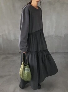 FRIFUL Women Round Neck Long Sleeve Pleated Minimalist Mid-Length Casual Dress,Fall Clothes