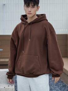 DAZY Sudadera con capucha de unicolor informal con cordón, otoño - Café integral - Ver 6