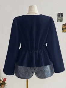 Soleia 大码女式秋季返校度假服装 - V 领白色纹理长袖荷叶边下摆衬衫 - 藏蓝色 - 查看 6