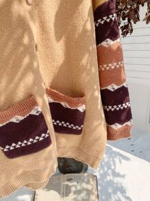 Dazy Petite Plus Plus Size Contrast Color Splicing Jacquard Loose Hooded Cardigan,Fall Women Clothes - Khaki - View 8