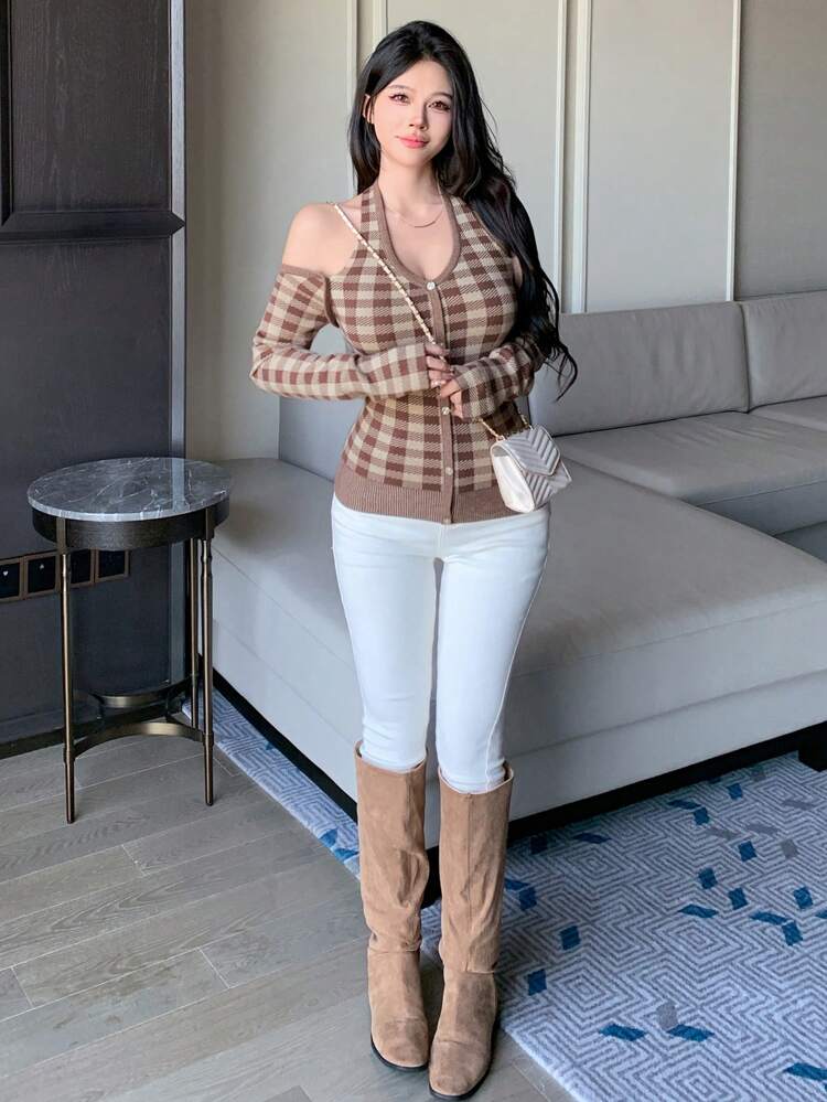Vintage Plaid Open Shoulder Tie-Neck Knitted Cardigan For Women,Fall Women Clothes