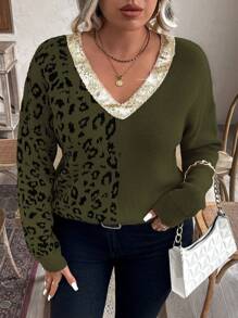 Calvaya Plus Size Leopard Print Patchwork Sequin V-Neck Drop Shoulder Loose Fit Sweater Knit Pullover Fall Winter Outfit