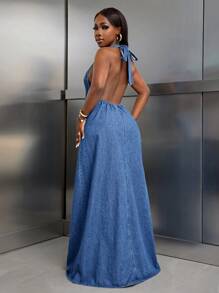 SHEIN Slayr Loose Low Back Halterneck Denim Dress For Women - Blue - View 2