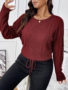 Flirla Große Größen Damen Twist Seil Zopf Kordelzug Strickpullover Strickpullover Herbst Winter Pullover - Bordeaux - Übersicht 3