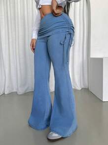 SHEIN Essnce Jeans casuales y versátiles con cordón lateral de campana para mujeres - Azul - Ver 1