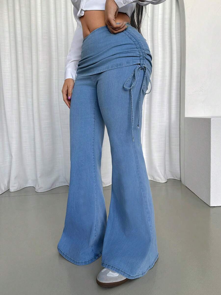 SHEIN Essnce Jeans casuales y versátiles con cordón lateral de campana para mujeres - Azul - Ver 1