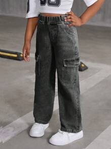 Sparklyn Tween Girl All-Match Casual Fashion Loose Fit Wide Leg Washed Cargo Denim Pants Summer Holiday - Black - View 3